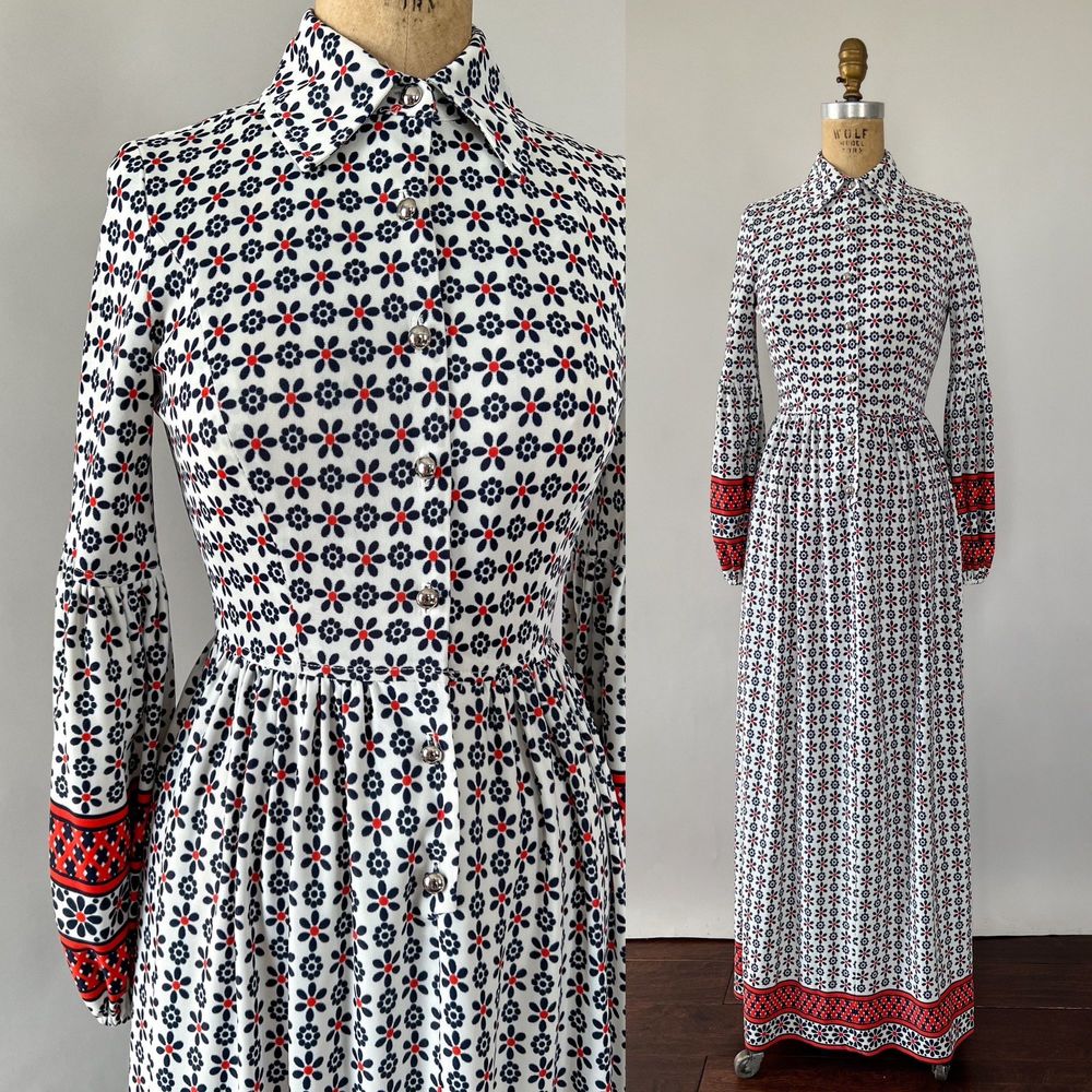 VTG 70s Mod White Blue Floral Patterned Knit Collared Puff Sleeves Maxi Dress XS
